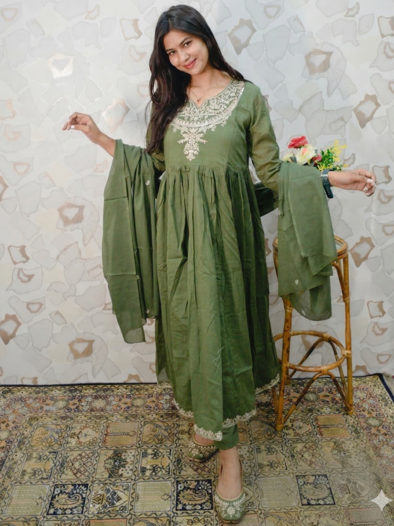 Elegant Olive Green Embroidered Flared Kurta Set with Dupatta