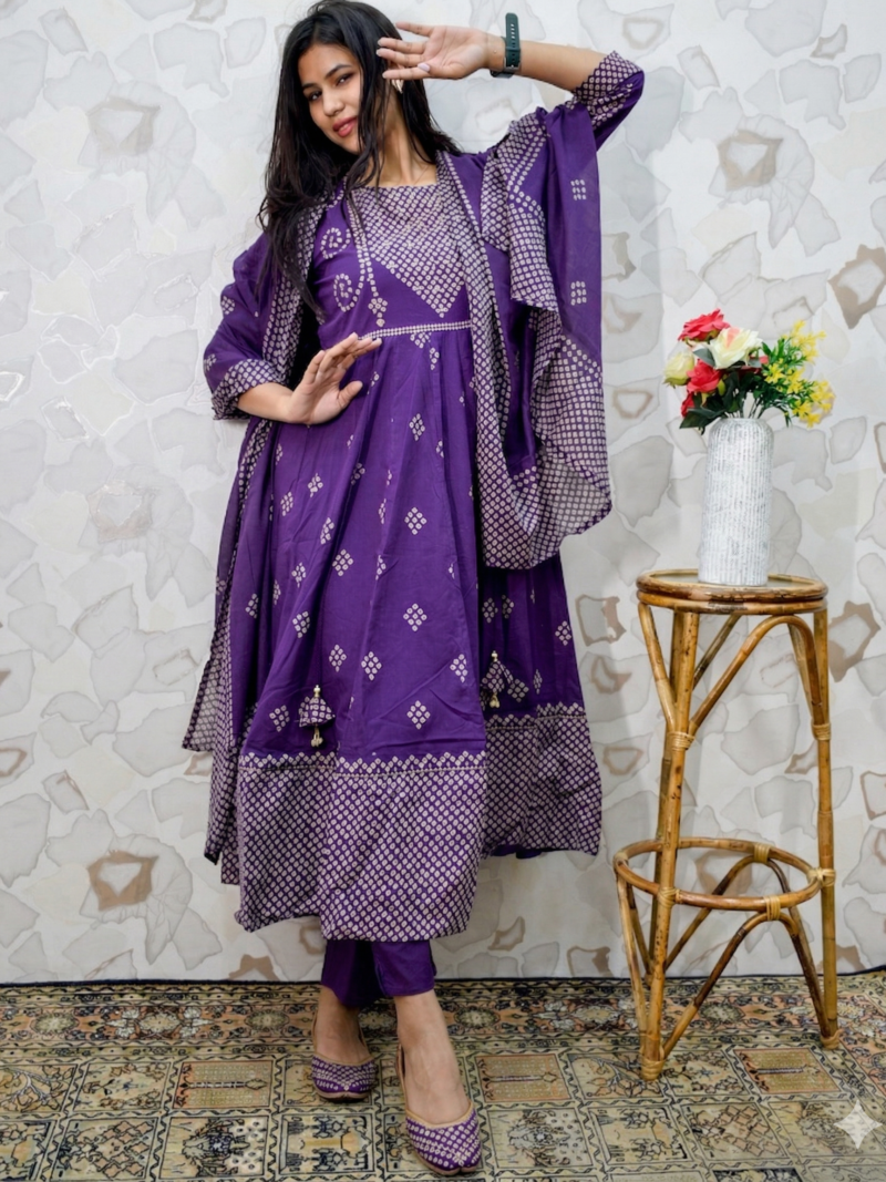 Royal Purple Bandhani-Printed Flared Kurta Set with Dupatta