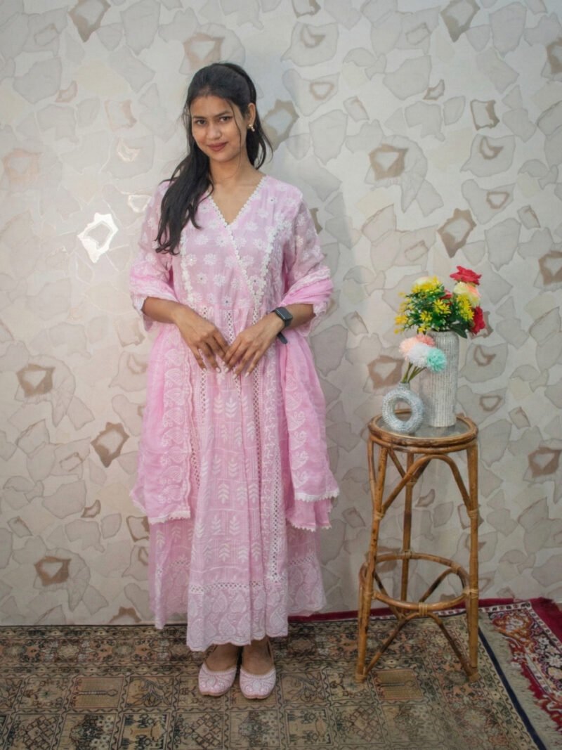 Soft Pink Chikankari-Style Angrakha Flared Kurta Set with Dupatta