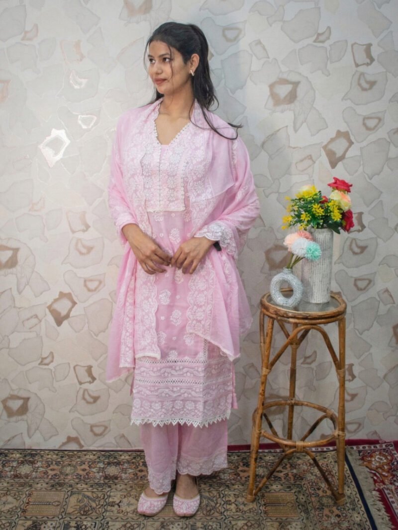 Soft Pink Chikankari-Style Lace Detailed Straight Kurta Set with Dupatta