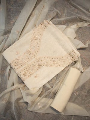 Pristine Ivory Pearl Embellished Unstitched Suit Set with Scalloped Dupatta