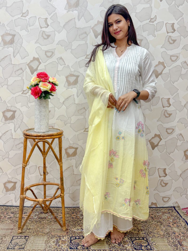 Fresh Lemon & White Ombre Floral Embroidered Kurta Set with Dupatta