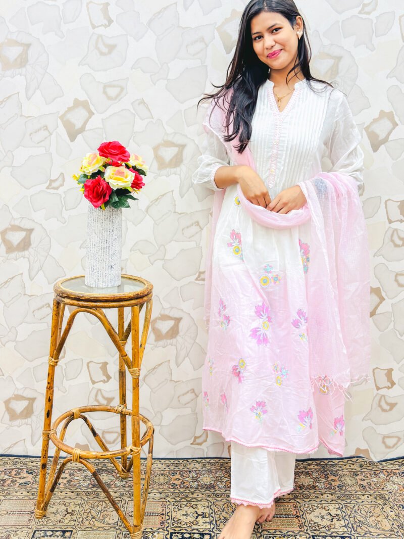 Fresh Pink & White Ombre Floral Embroidered Kurta Set with Dupatta