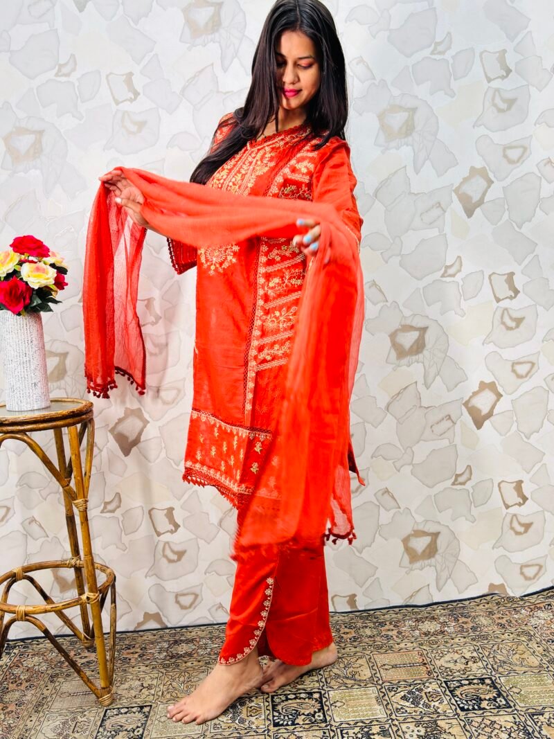 Radiant Crimson Red Golden Embroidered Straight Kurta Set with Dupatta