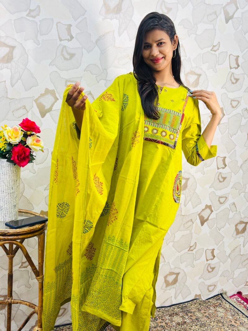 Vibrant Lime Green Embroidered Yoke Kurta Set with Printed Dupatta