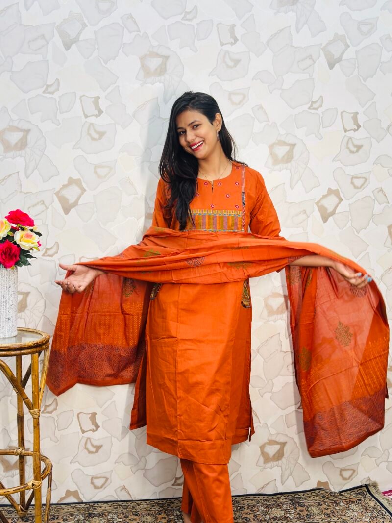 Warm Rust Orange Embroidered Yoke Kurta Set with Printed Dupatta