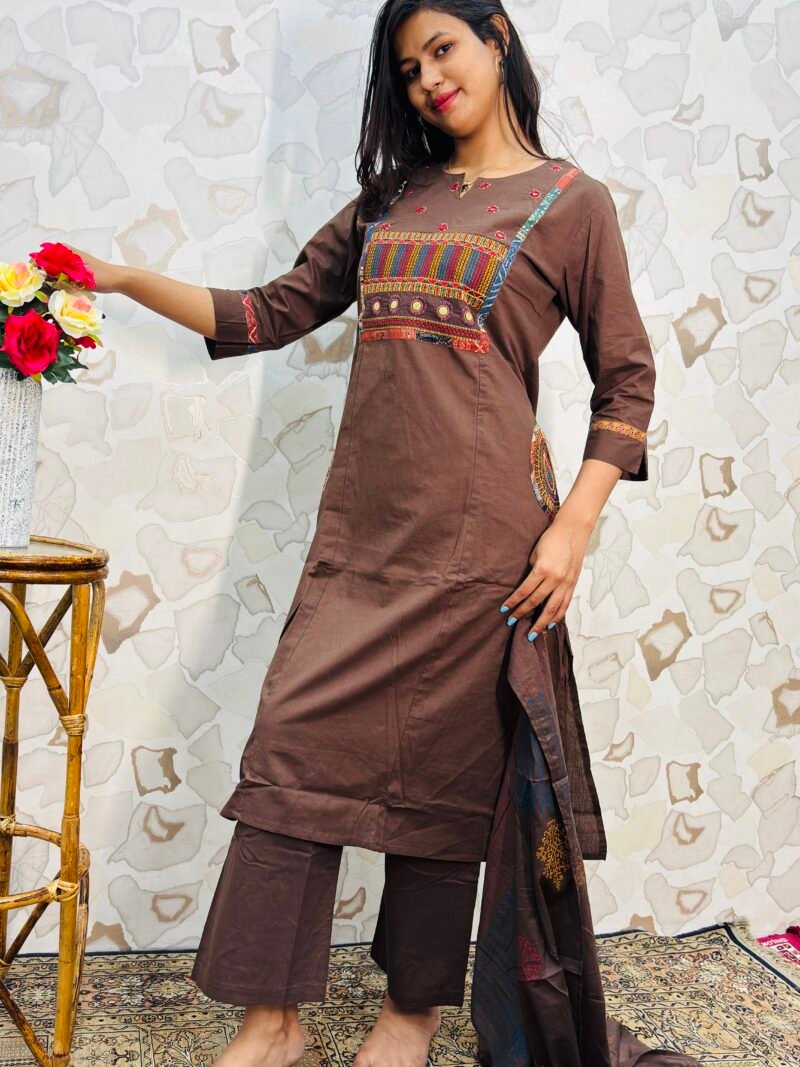 Deep Chocolate Brown Embroidered Yoke Kurta Set with Printed Dupatta